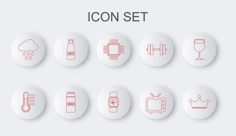 Set line Crown, Thermometer, Processor with CPU, Television tv, Cloud rain Stock Illustration