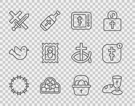 Set line Crown of thorns, Goblet and bread, Online church pastor preaching,.. Stock Illustration