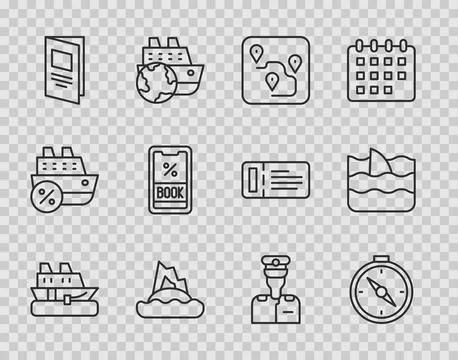 Set line Cruise ship, Compass, Route location, Tropical island in ocean, Br.. Stock Illustration