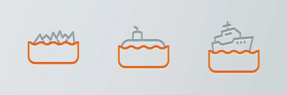 Set line Cruise ship, Sharp stone reefs and Submarine icon. Vector Stock Illustration