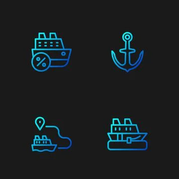 Set line Cruise ship, Ship line path, and Anchor. Gradient color icons. Vector Stock Illustration