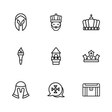 Set line Crusade, King crown, Antique treasure chest, Castle tower, Medieva.. Stock Illustration