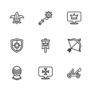 Set line Crusade, Medieval bow and arrow, catapult, flag, King crown, Fleur.. Illustration