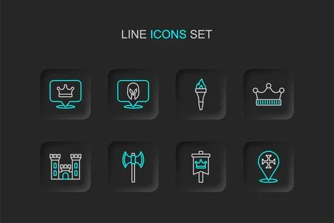 Set line Crusade, Medieval flag, poleaxe, Castle, King crown, Torch flame, .. Stock Illustration