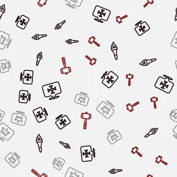 Set line Crusade, Torch flame, King crown and Battle hammer on seamless patte イラスト素材
