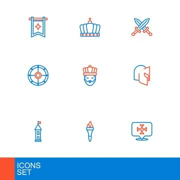 Set line Crusade, Torch flame, Castle tower, Medieval helmet, Round shield,.. Ilustración de archivo