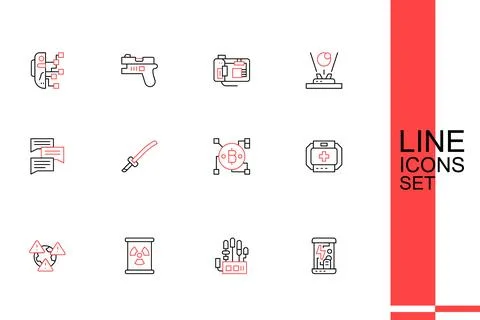 Set line Cryogenic capsules, Mechanical robot hand, Radioactive waste in ba.. Stock Illustration