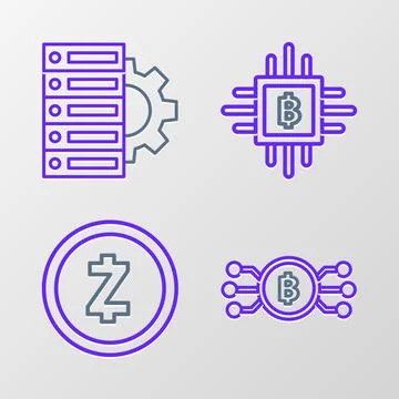 Set line Cryptocurrency bitcoin in circle with microchip circuit, Zcash ZEC.. Stock Illustration