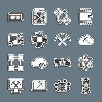 Set line Cryptocurrency bitcoin in circuit, Blockchain technology, cloud mining Illustrazione stock