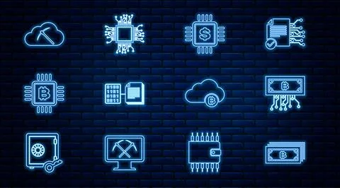 Set line Cryptocurrency bitcoin, with circuit, Processor chip dollar, Smart Stock Illustration