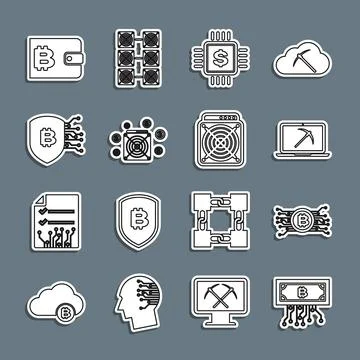Set line Cryptocurrency bitcoin with circuit, Mining laptop and pickaxe Stock Illustration