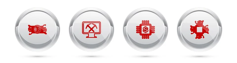 Set line Cryptocurrency bitcoin in circuit, Mining with monitor and pickaxe Stock Illustration