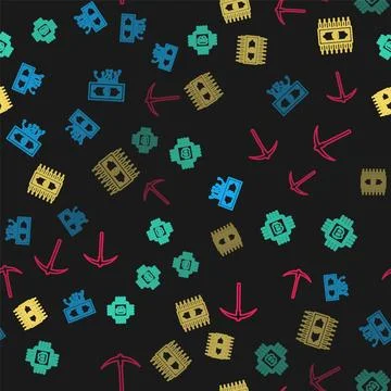 Set line Cryptocurrency bitcoin with circuit, CPU mining farm, and Pickaxe on Illustrazione stock