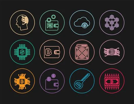 Set line Cryptocurrency bitcoin with circuit, cloud mining, wallet, Processor Stock Illustration