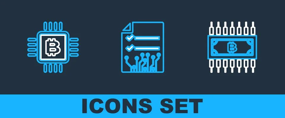 Set line Cryptocurrency bitcoin with circuit, CPU mining farm and Smart con.. 스톡 일러스트