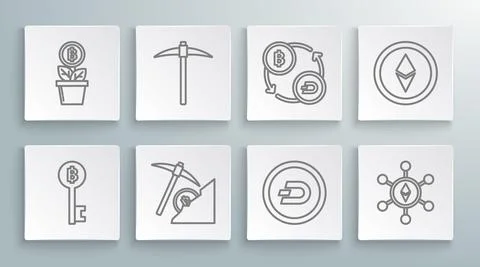 Set line Cryptocurrency Bitcoin key, Pickaxe, cloud mining, Dash, Blockchain Illustrazione stock