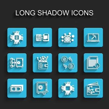 Set line Cryptocurrency bitcoin, Proof of stake, Processor chip with dollar Illustrazione stock