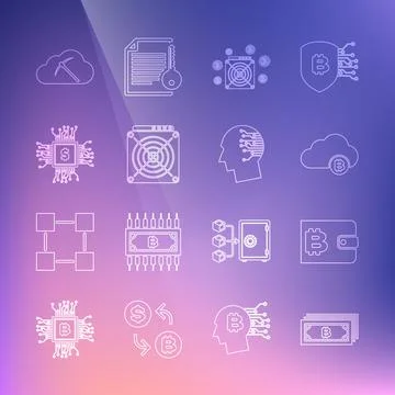 Set line Cryptocurrency bitcoin, wallet, cloud mining, ASIC Miner, Processor Stock Illustration