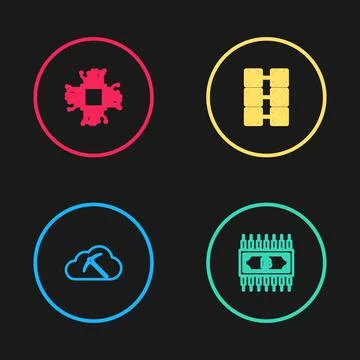 Set line Cryptocurrency cloud mining, bitcoin with circuit, Mining farm and 스톡 일러스트