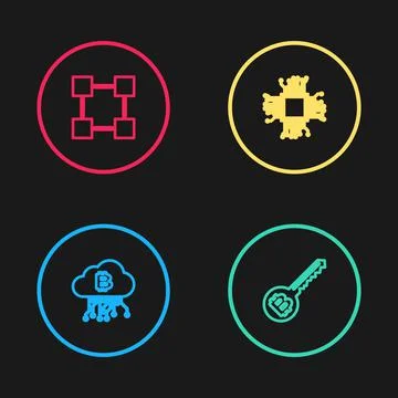 Set line Cryptocurrency cloud mining, key, Processor and Blockchain technology Illustrazione stock