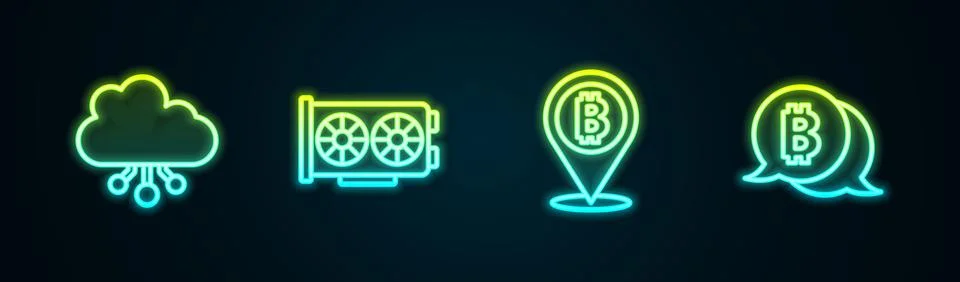 Set line Cryptocurrency cloud mining, Video graphic card, Bitcoin and . Glowing Illustrazione stock