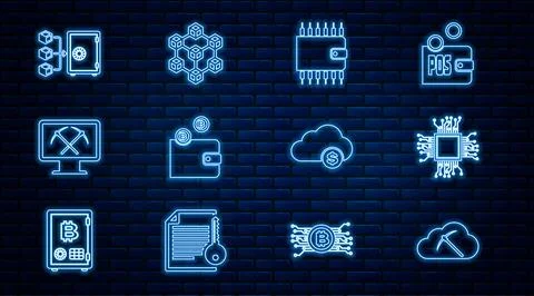 Set line Cryptocurrency cloud mining, Processor, wallet, Mining with monitor and Stock Illustration