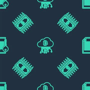 Set line Cryptocurrency cloud mining, bitcoin with circuit and Smart contract on 스톡 일러스트