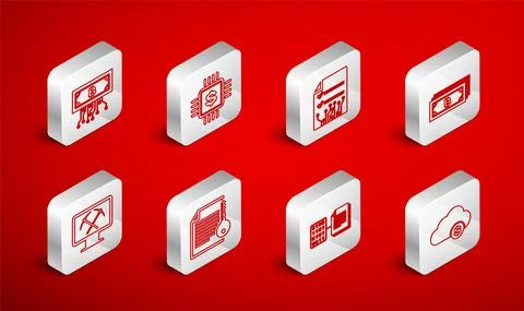 Set line Cryptocurrency cloud mining, Processor chip with dollar, Smart contract Stock Illustration