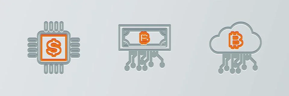 Set line Cryptocurrency cloud mining, Processor chip with dollar and bitcoin Illustrazione stock