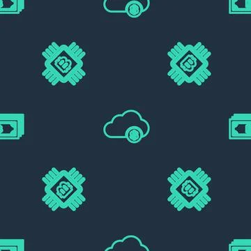 Set line Cryptocurrency cloud mining, CPU farm and bitcoin on seamless pattern 스톡 일러스트