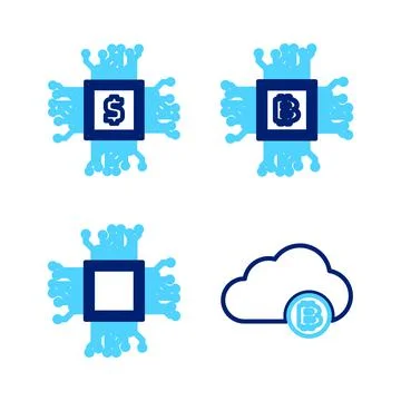 Set line Cryptocurrency cloud mining, Brain as digital circuit board, Processor Illustrazione stock