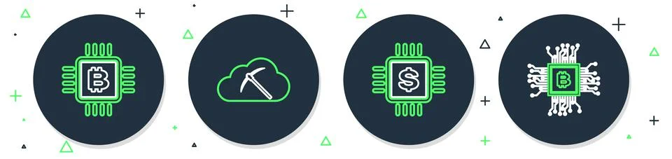 Set line Cryptocurrency cloud mining, Processor chip with dollar, CPU farm and Stockillustratie