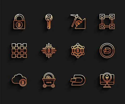 Set line Cryptocurrency cloud mining, Shopping basket with bitcoin, Lock, Dash Illustrazione stock