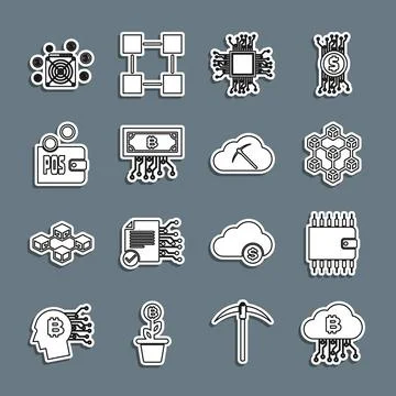 Set line Cryptocurrency cloud mining, wallet, Blockchain technology, Processor Stockillustratie