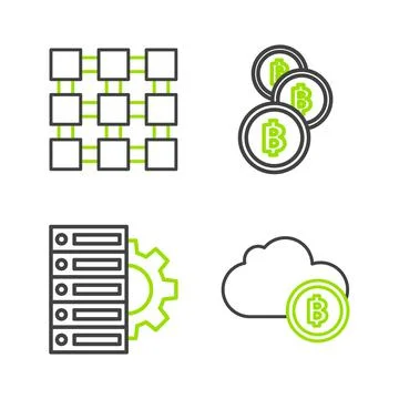 Set line Cryptocurrency cloud mining, Server and gear, coin Bitcoin and Block 스톡 일러스트