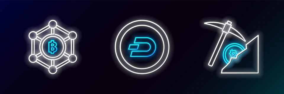 Set line Cryptocurrency cloud mining, Blockchain technology Bitcoin and Dash  Illustrazione stock