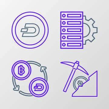 Set line Cryptocurrency cloud mining, exchange, Server and gear and coin Dash Illustrazione stock