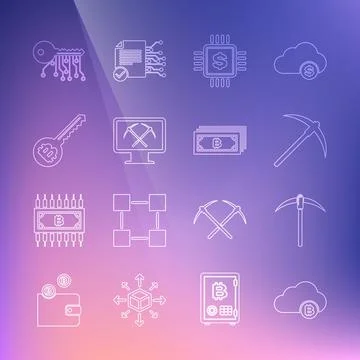 Set line Cryptocurrency cloud mining, Pickaxe, Processor chip with dollar Stock Illustration
