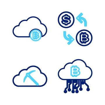 Set line Cryptocurrency cloud mining, Processor chip with dollar and icon Stockillustratie