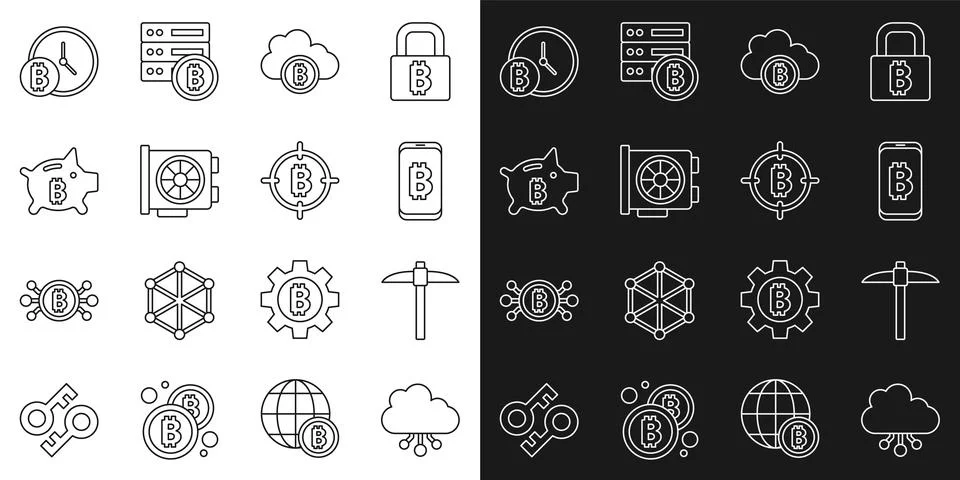 Set line Cryptocurrency cloud mining, Pickaxe, Mining bitcoin from mobile, Video 스톡 일러스트