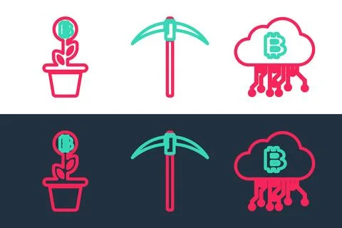 Set line Cryptocurrency cloud mining, key and Pickaxe icon. Vector Stock Illustration