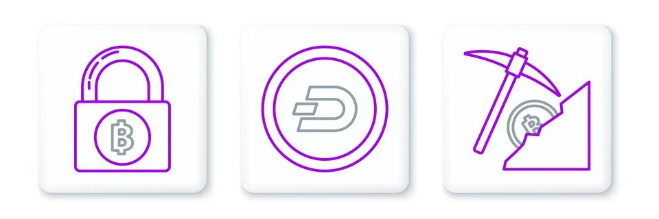 Set line Cryptocurrency cloud mining, Lock with bitcoin and Dash icon. Vector Illustrazione stock