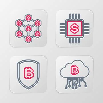 Set line Cryptocurrency cloud mining, Shield with bitcoin, Processor chip d.. Stock Illustration