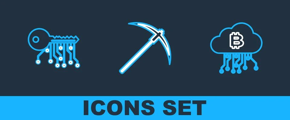 Set line Cryptocurrency cloud mining, exchange and Pickaxe icon. Vector Stock Illustration