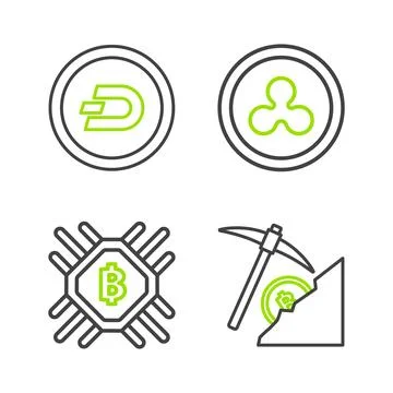 Set line Cryptocurrency cloud mining, CPU farm, coin Ripple XRP and Dash ic.. Illustrazione stock