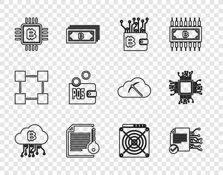 Set line Cryptocurrency cloud mining, Smart contract, wallet, CPU farm, Pro.. イラスト素材