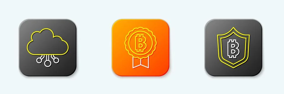 Set line Cryptocurrency cloud mining, Bitcoin and Shield with bitcoin icon... Stockillustratie
