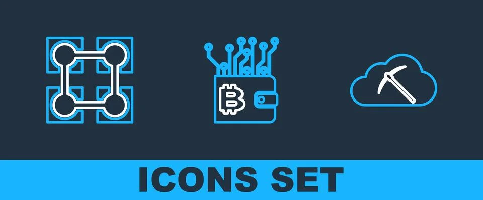 Set line Cryptocurrency cloud mining, Blockchain technology and wallet icon.. イラスト素材