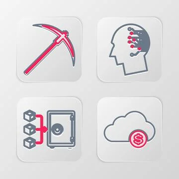 Set line Cryptocurrency cloud mining, Proof of stake, Bitcoin think and Pic.. Stock Illustration
