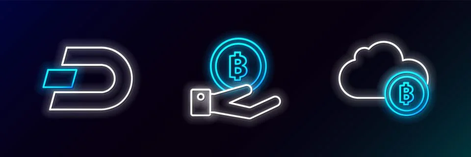 Set line Cryptocurrency cloud mining, coin Dash and Hand holding Bitcoin ic.. 스톡 일러스트